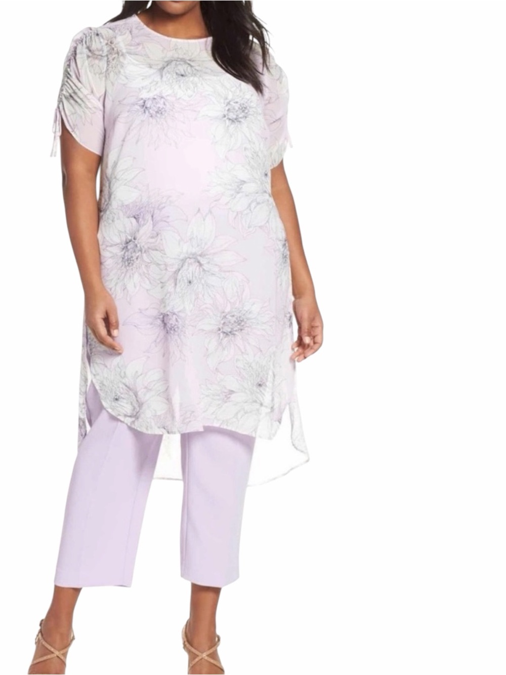 Vince Camuto Ruched Sleeves High-Low Fresh Lilac Floral Sheer Tunic